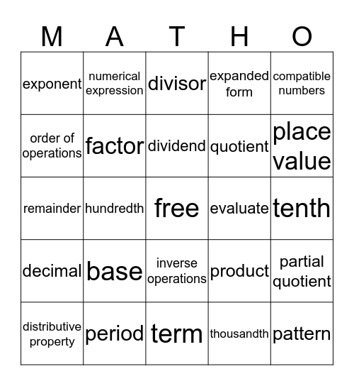 Ethan's  M-A-T-H-O Bingo Card