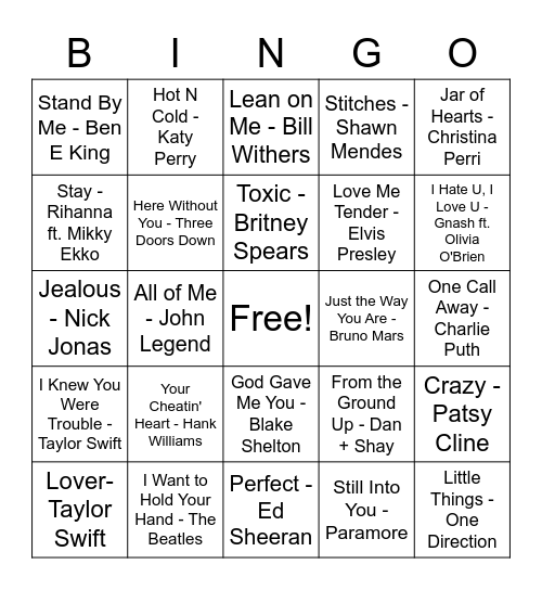 Relationship Music Bingo Card