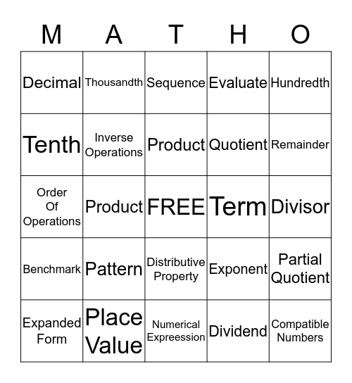 Lily's MATH-O  Bingo Card