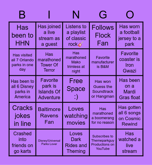 Themeparkguy Productions Bingo Card