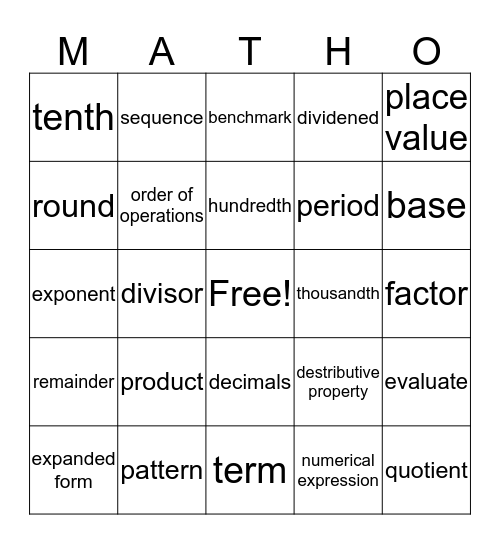 Shiloh's Matho Bingo Card