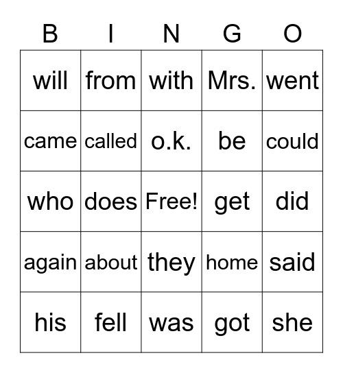 Irregular Words Bingo Card