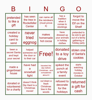 Naughty & Nice List Bingo Card