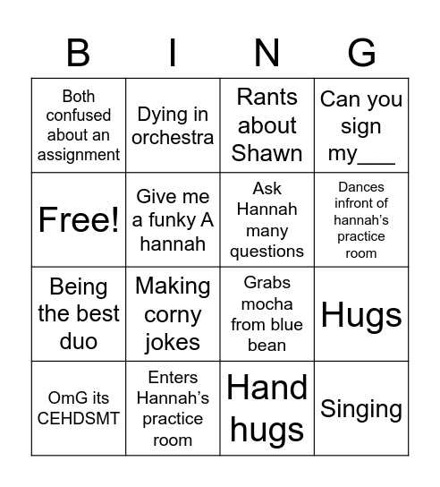 Hannah and CJ Bingo Card