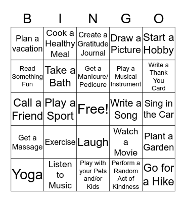 Coping Skills Bingo Card