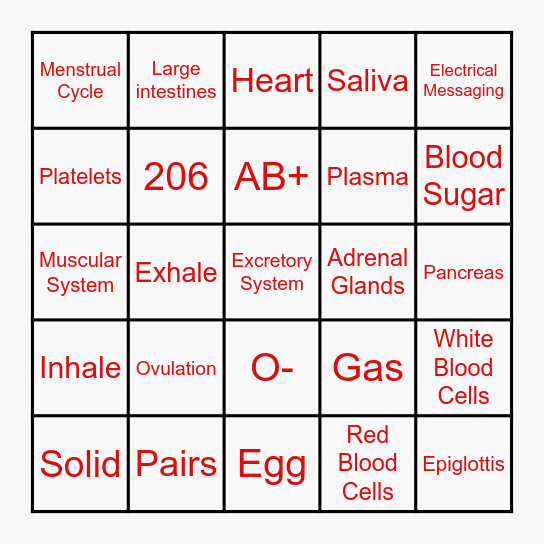 BODY SYSTEMS BINGO Card