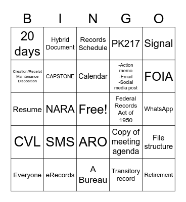 Records Management Bingo Card