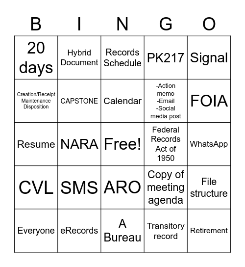Records Management Bingo Card