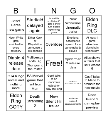 TGA 2022 Bingo Card