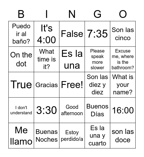 La Hora y Frases Utiles Bingo Card
