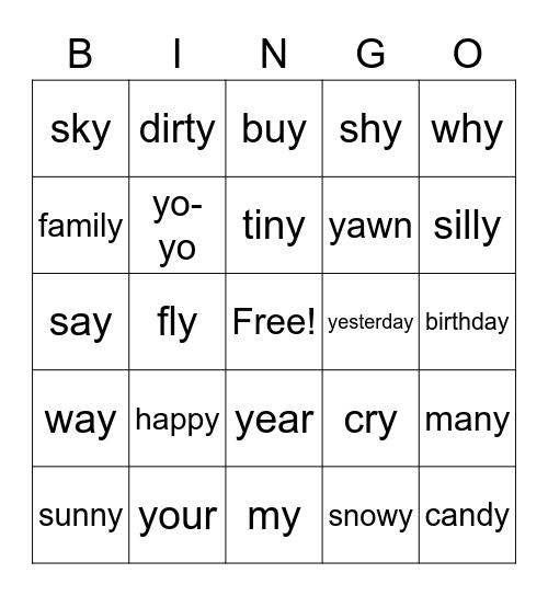 Y sounds Bingo Card