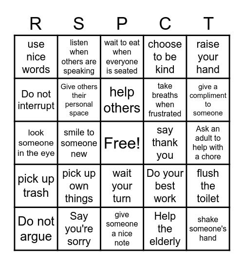Respectful Bingo Card