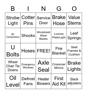 Pre-trip Bingo Card