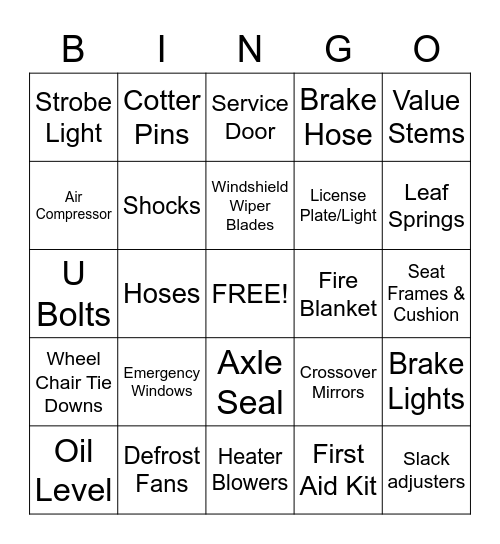 Pre-trip Bingo Card