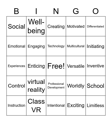 Virtual Reality PD Bingo Card