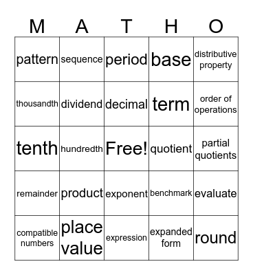 Emma's Matho Bingo Card
