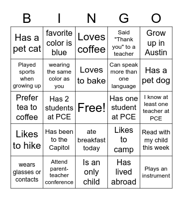 Pioneer Crossing Parents Bingo Card