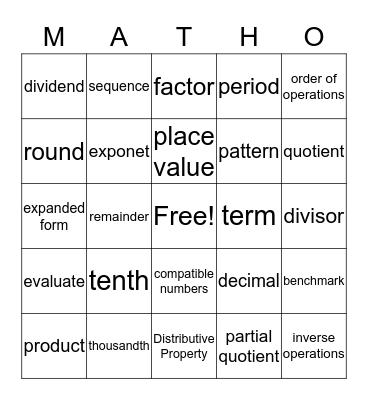 Lyndi's Matho Bingo Card