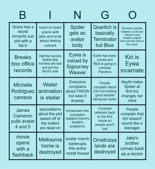 Avatar 2 Bingo Card Bingo Card
