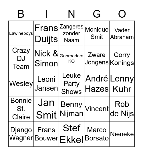 Muziek Bingo                                        Leuke PARTY Shows Bingo Card