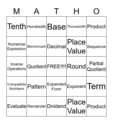Jaylyn's Matho Bingo Card