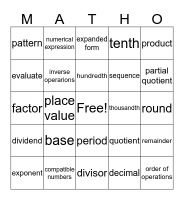 Kenidee's MATHO Bingo Card