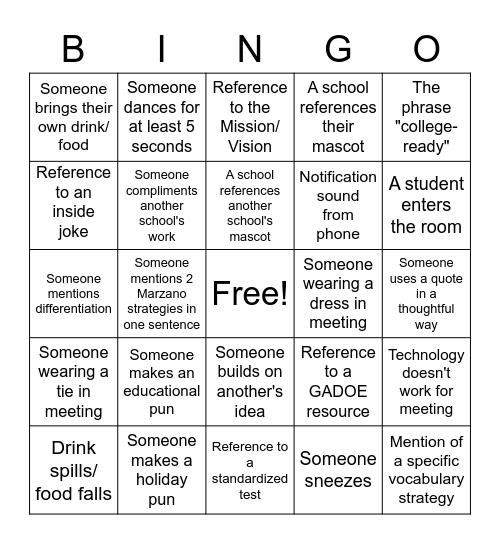 NCSS Secondary Leadership Bingo Card