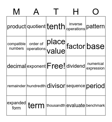 Jim's Matho Bingo Card