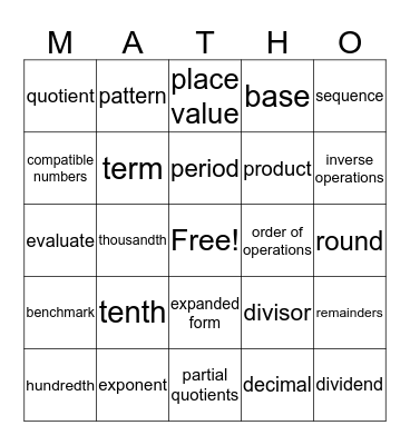 Shyann's Matho Bingo Card