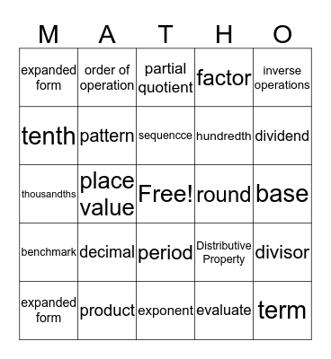 Dan's Matho Bingo Card
