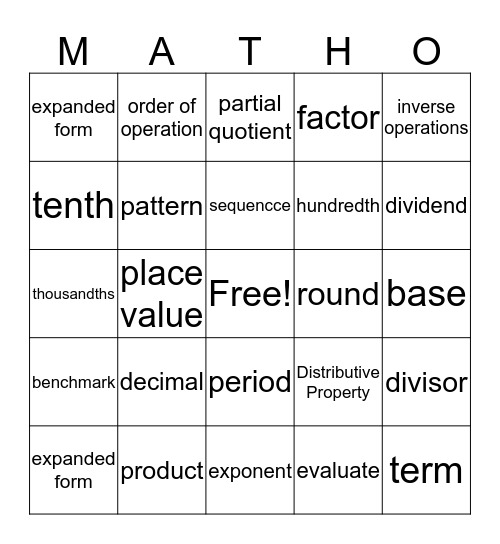 Dan's Matho Bingo Card