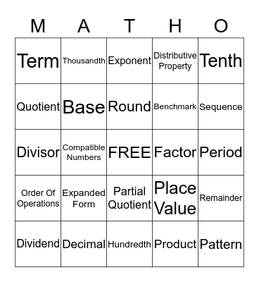 Devan's Matho Bingo Card