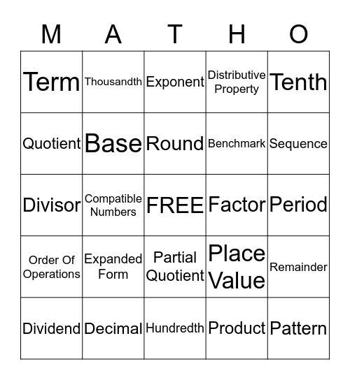 Devan's Matho Bingo Card