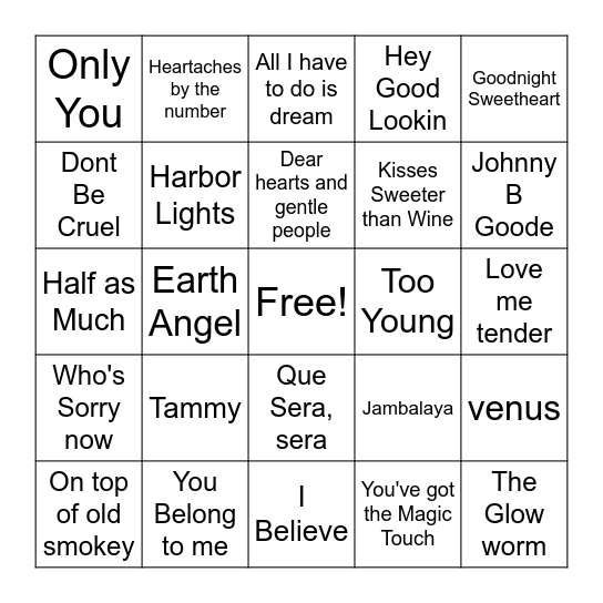 1950s Music Bingo Card