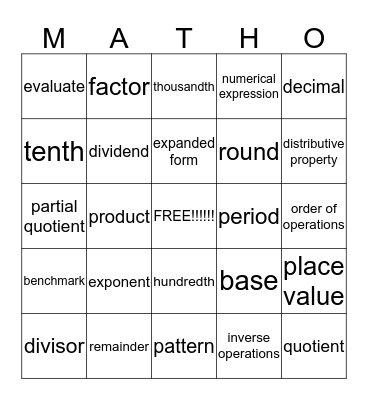 Lexi's Matho Board Bingo Card