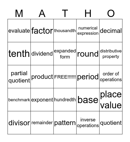 Lexi's Matho Board Bingo Card