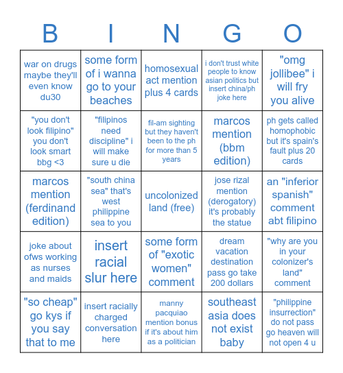 asian person in predominantly white college Bingo Card