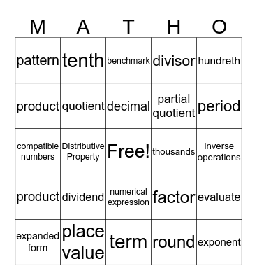 Brady's Matho Bingo Card
