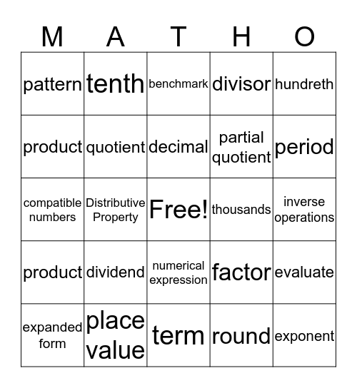 Brady's Matho Bingo Card