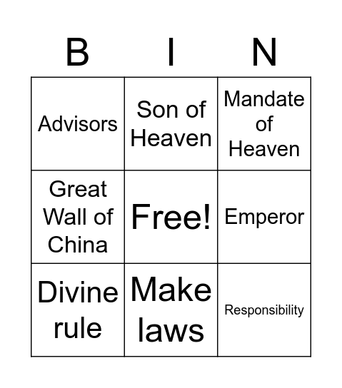 Chinese emperor Bingo Card