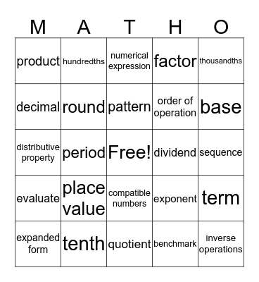 Shelby's Matho Bingo Card