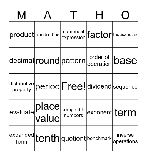 Shelby's Matho Bingo Card