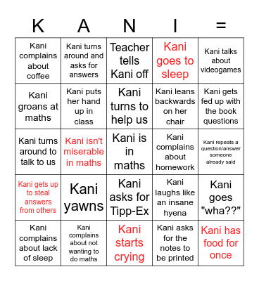 Kani in Maths Bingo Card