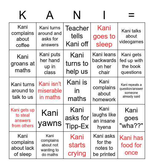 Kani in Maths Bingo Card