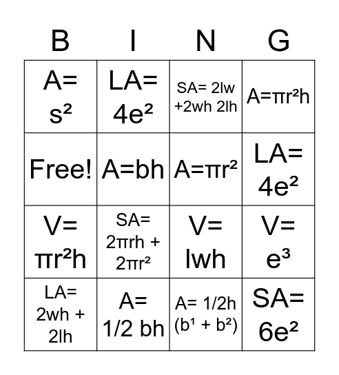Formulas Bingo Card