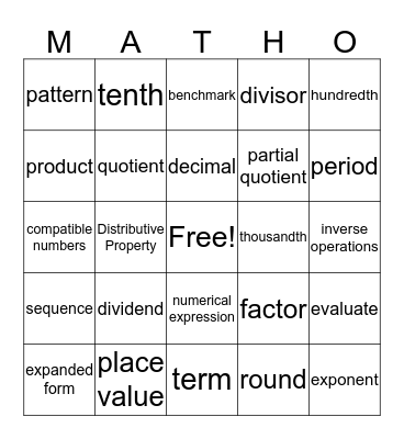 Brady's Matho Bingo Card