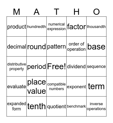 Shelby's Matho Bingo Card