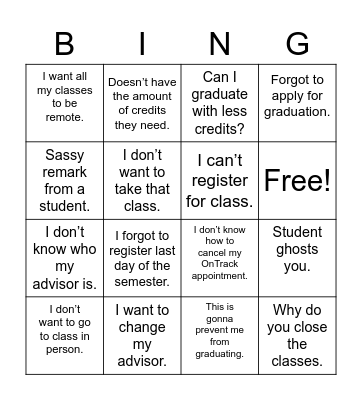 Advisement Bingo Card