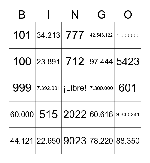 Números Bingo Card