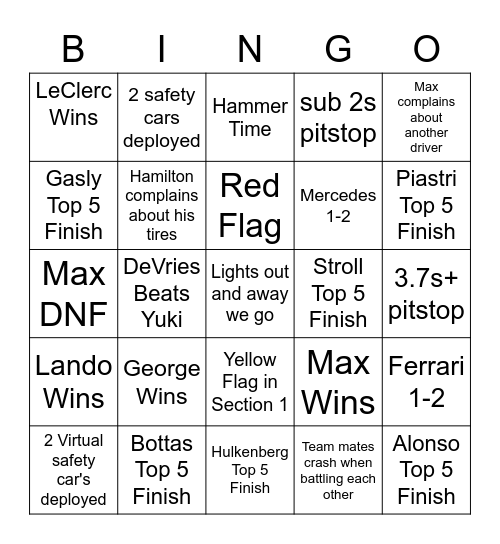 F1 2023 Bingo Card